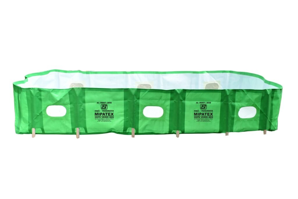 MIPATEX HDPE Vermicompost Bed with aeration windows and vermiwash outlet for organic composting.